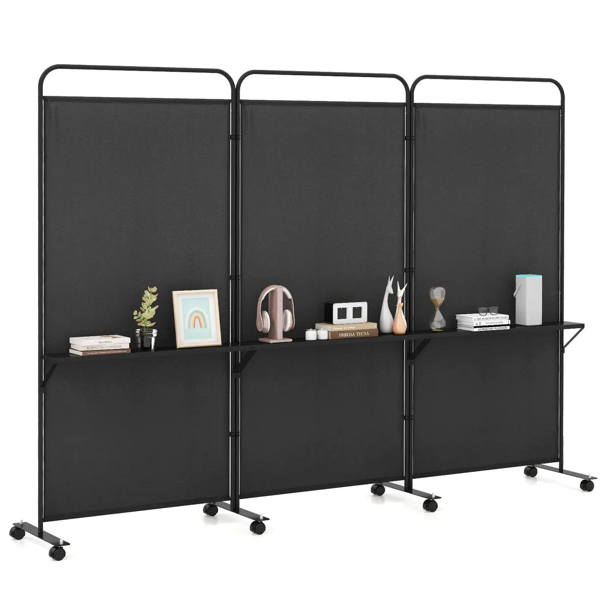 3-Panel Folding Room Divider with 3 Metal Shelves and Lockable Wheels by DirectDeals