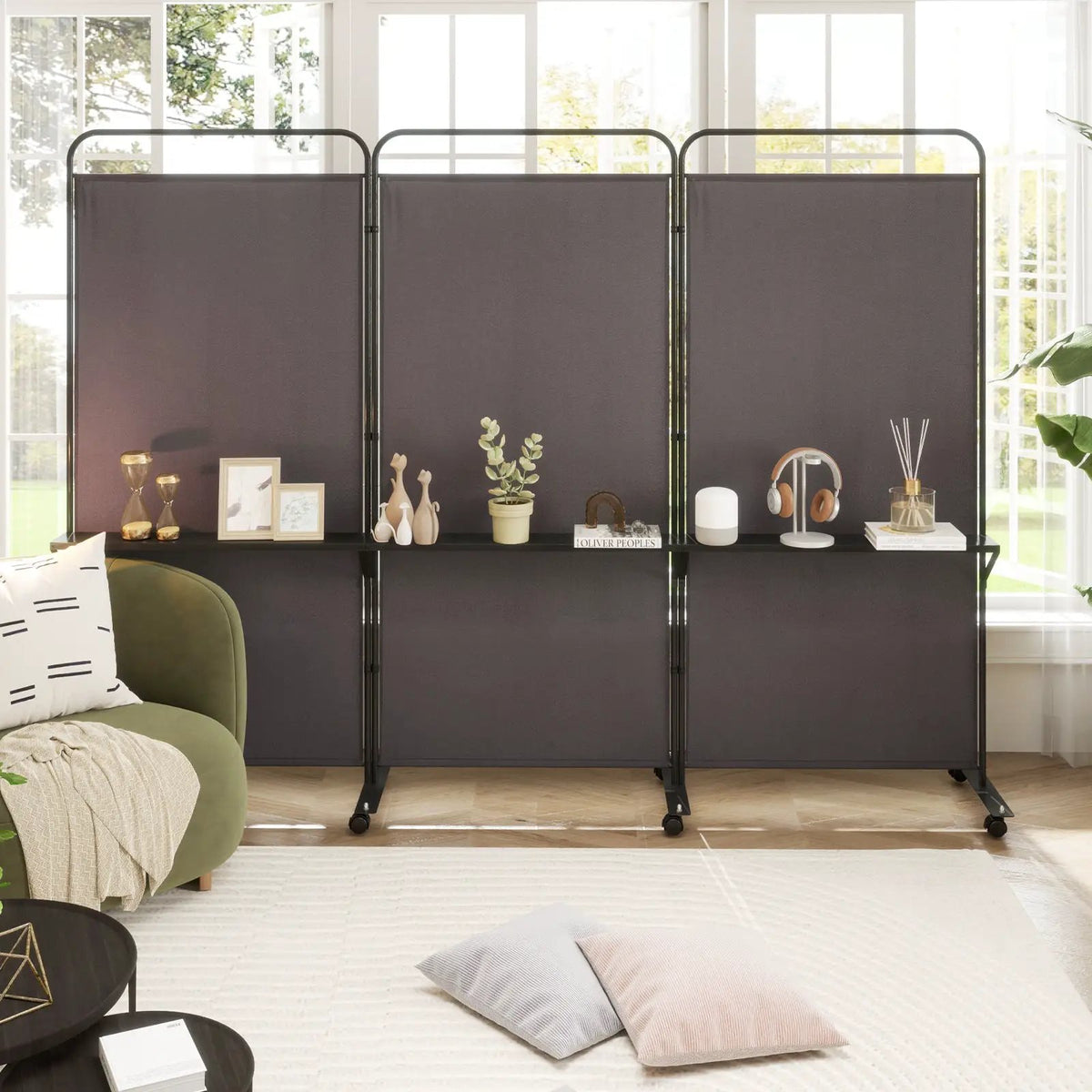 3-Panel Folding Room Divider with 3 Metal Shelves and Lockable Wheels by DirectDeals