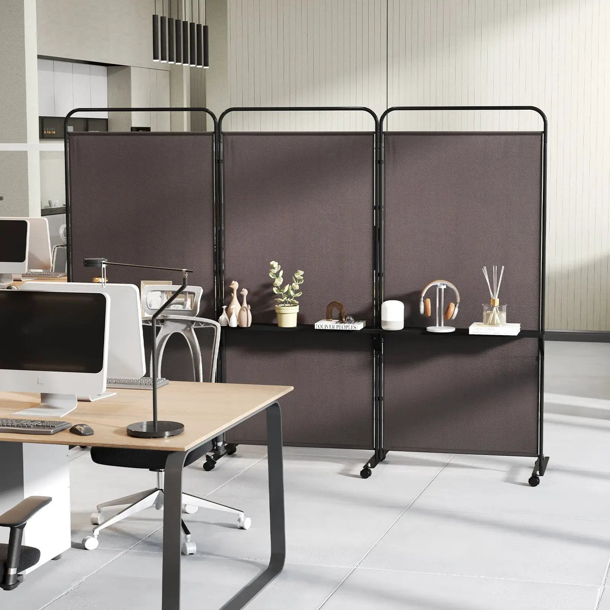 3-Panel Folding Room Divider with 3 Metal Shelves and Lockable Wheels by DirectDeals