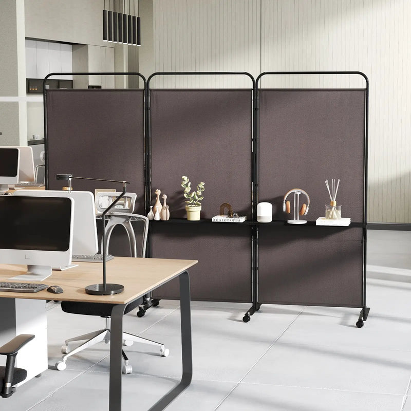 3-Panel Folding Room Divider with 3 Metal Shelves and Lockable Wheels by DirectDeals