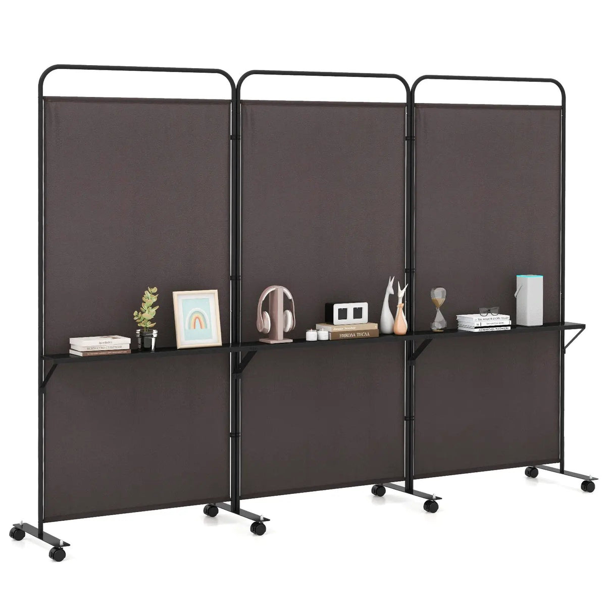 3-Panel Folding Room Divider with 3 Metal Shelves and Lockable Wheels by DirectDeals