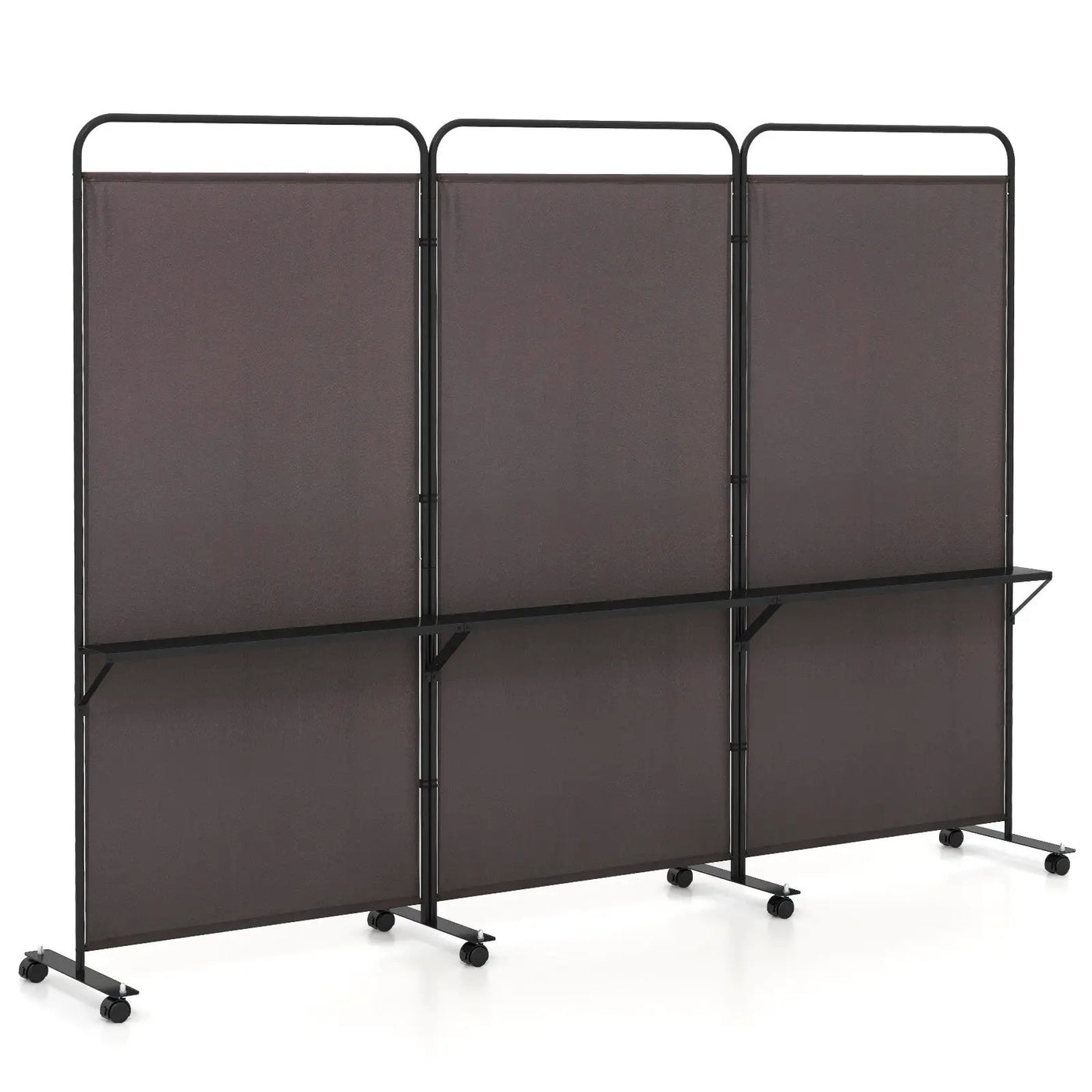 3-Panel Folding Room Divider with 3 Metal Shelves and Lockable Wheels by DirectDeals