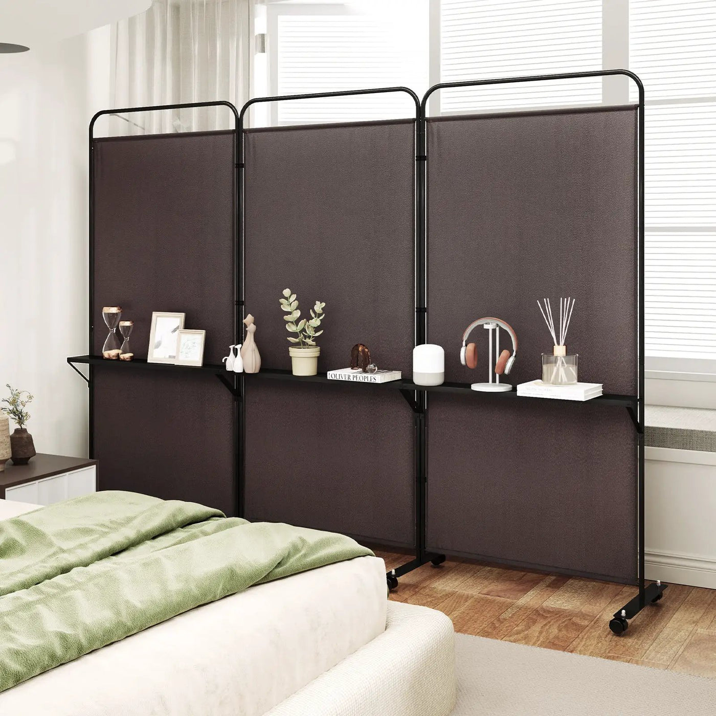 3-Panel Folding Room Divider with 3 Metal Shelves and Lockable Wheels by DirectDeals