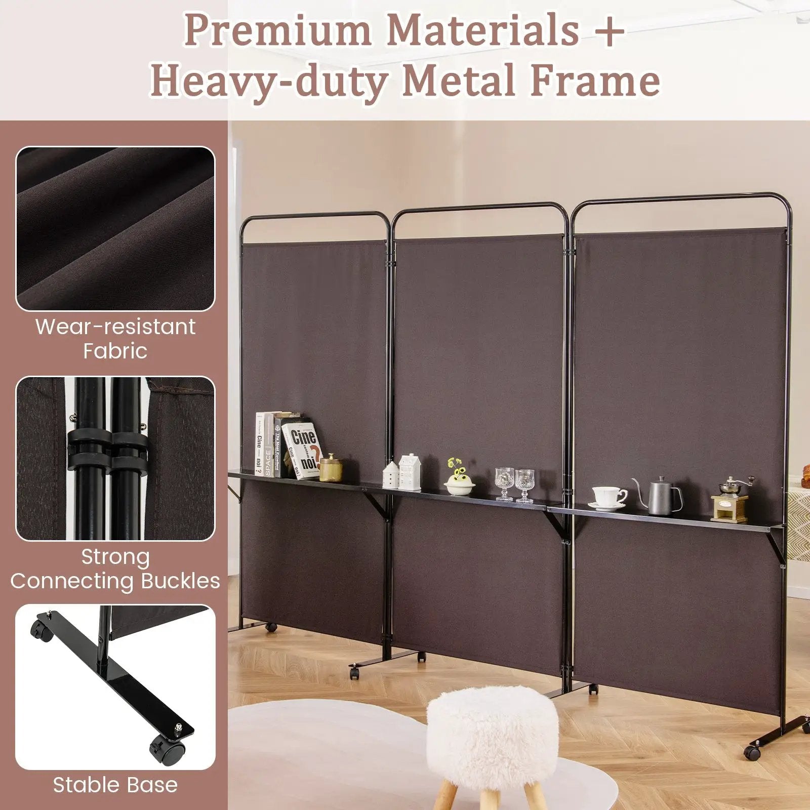 3-Panel Folding Room Divider with 3 Metal Shelves and Lockable Wheels by DirectDeals