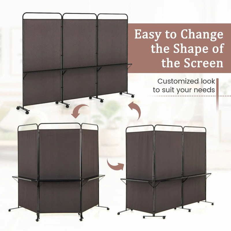 3-Panel Folding Room Divider with 3 Metal Shelves and Lockable Wheels by DirectDeals