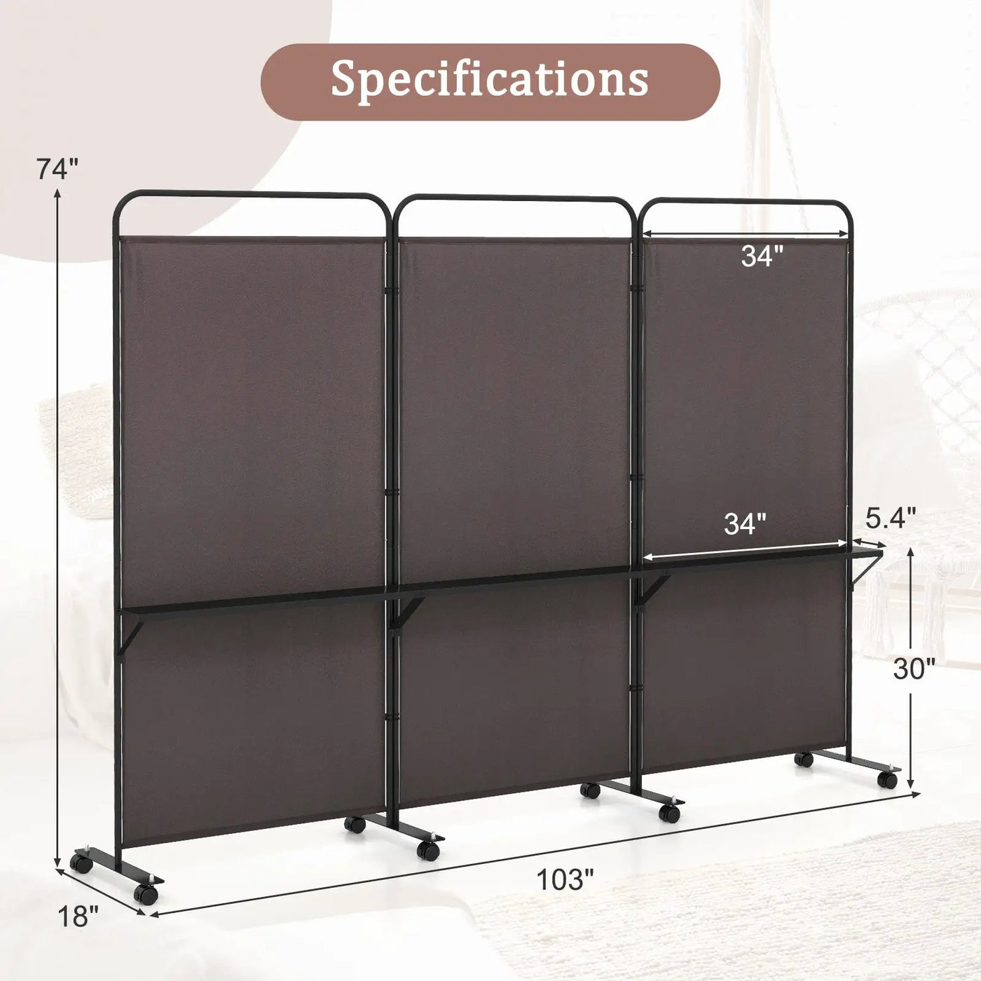 3-Panel Folding Room Divider with 3 Metal Shelves and Lockable Wheels by DirectDeals