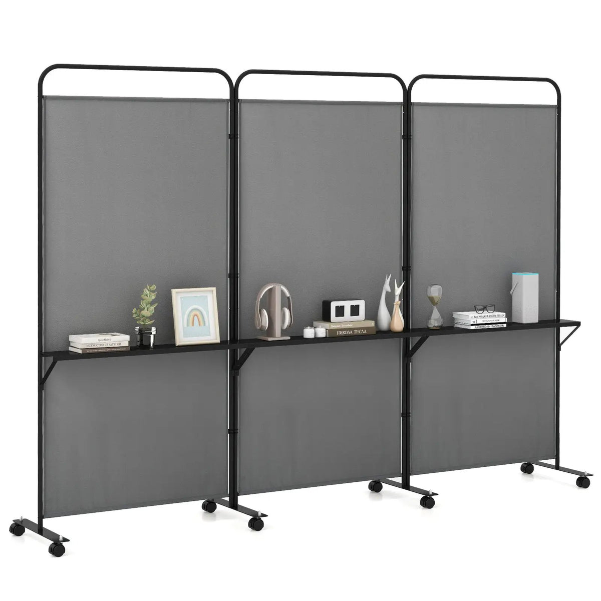 3-Panel Folding Room Divider with 3 Metal Shelves and Lockable Wheels by DirectDeals