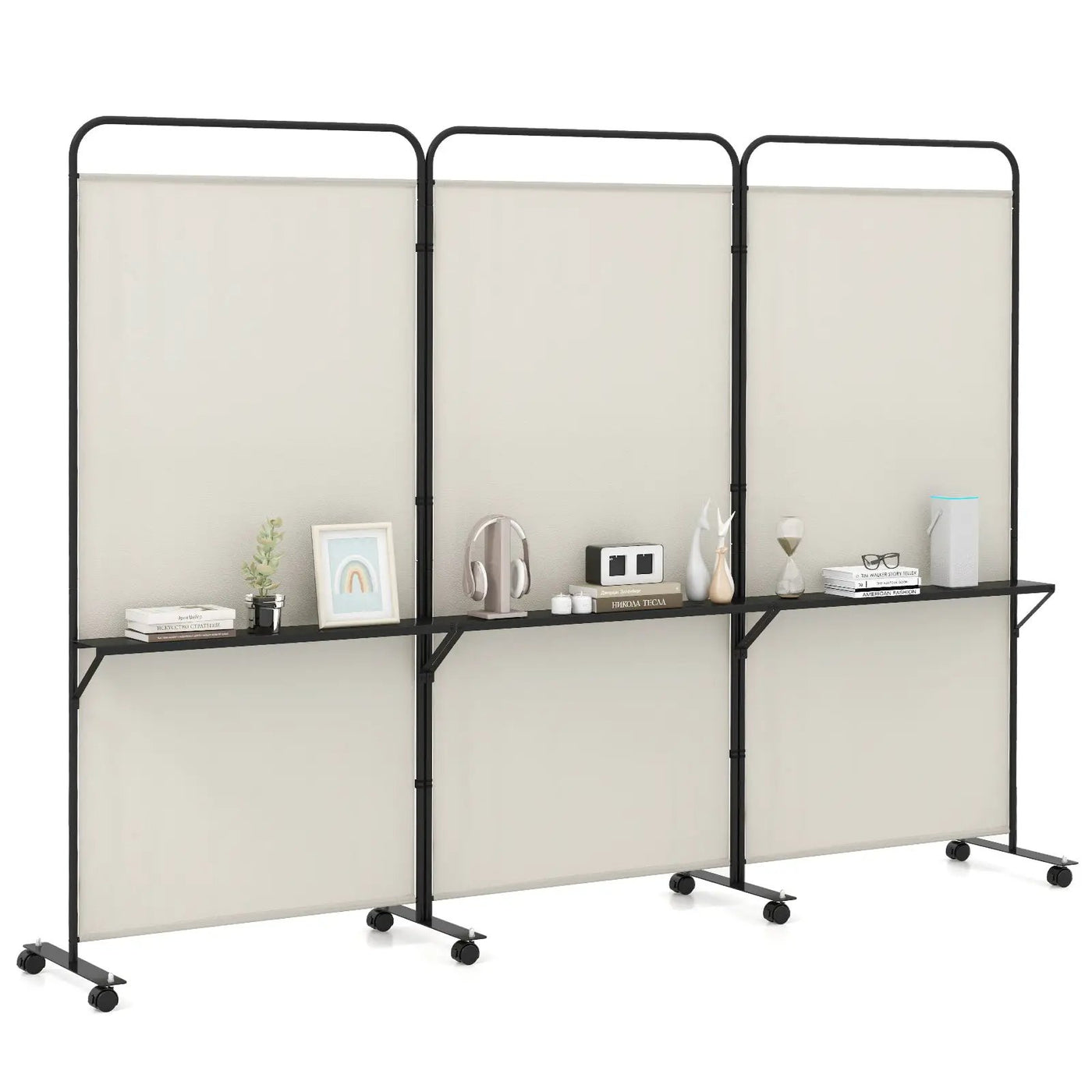 3-Panel Folding Room Divider with 3 Metal Shelves and Lockable Wheels by DirectDeals