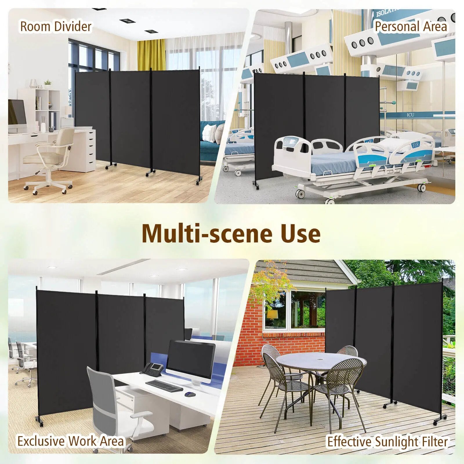 3 Panel Folding Room Divider with Lockable Wheels by DirectDeals