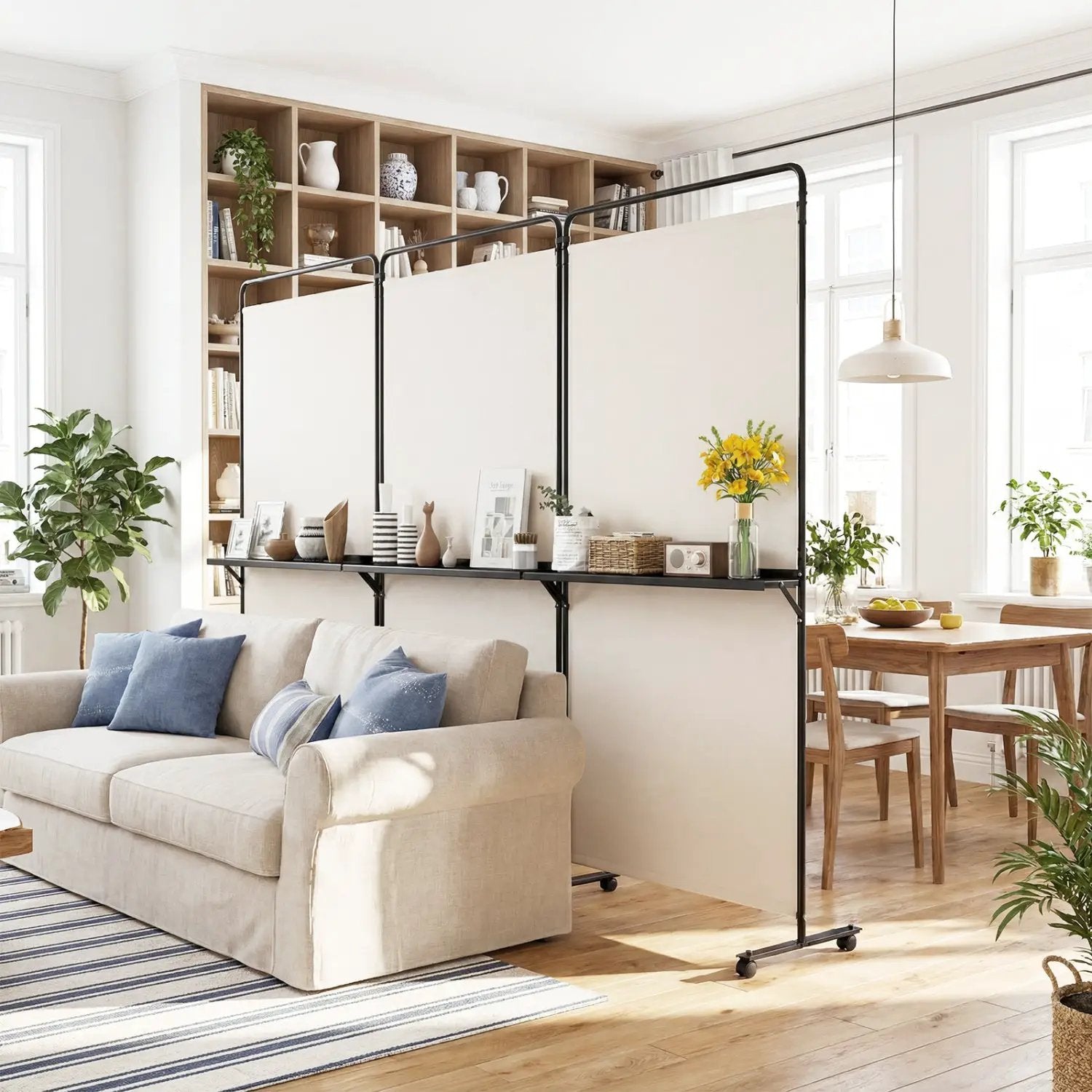 3-Panel Room Divider with Shelves 6 FT Tall Folding Privacy Screen with Lockable Wheels by DirectDeals