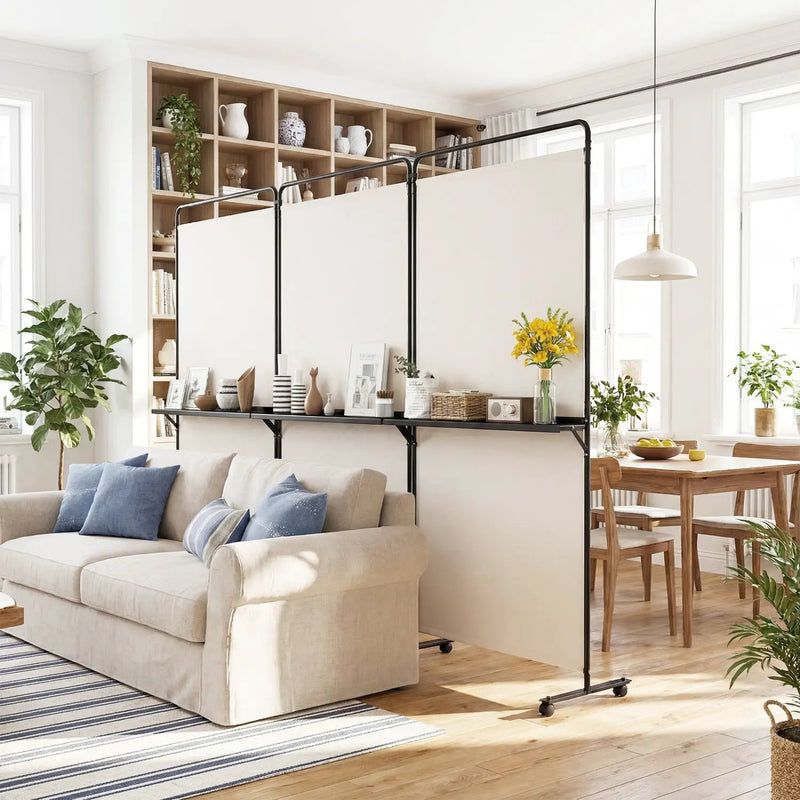 3-Panel Room Divider with Shelves 6 FT Tall Folding Privacy Screen with Lockable Wheels by DirectDeals