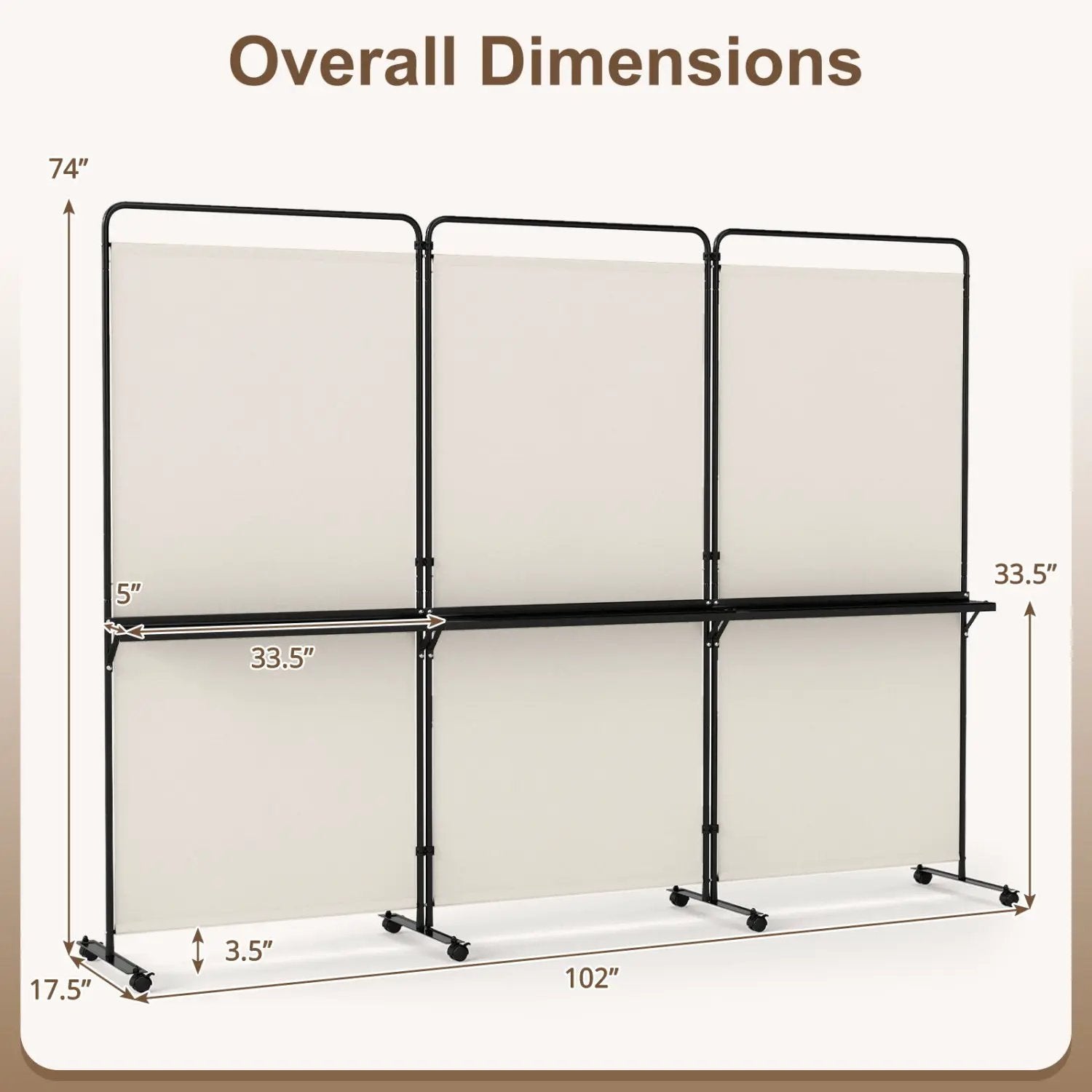 3-Panel Room Divider with Shelves 6 FT Tall Folding Privacy Screen with Lockable Wheels by DirectDeals