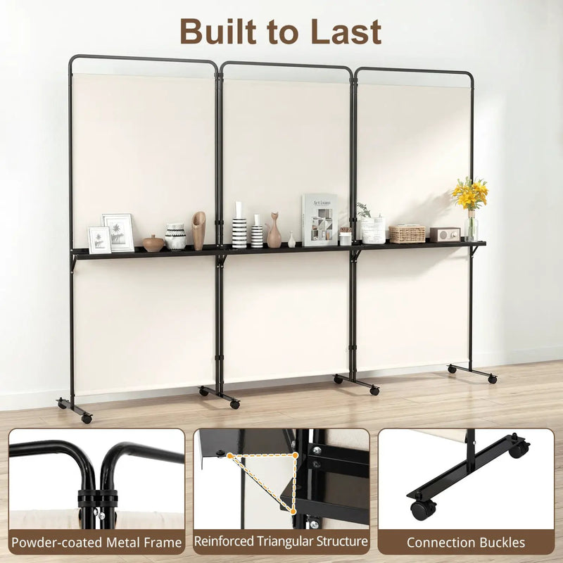 3-Panel Room Divider with Shelves 6 FT Tall Folding Privacy Screen with Lockable Wheels by DirectDeals