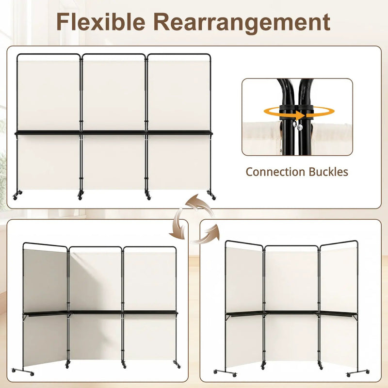 3-Panel Room Divider with Shelves 6 FT Tall Folding Privacy Screen with Lockable Wheels by DirectDeals