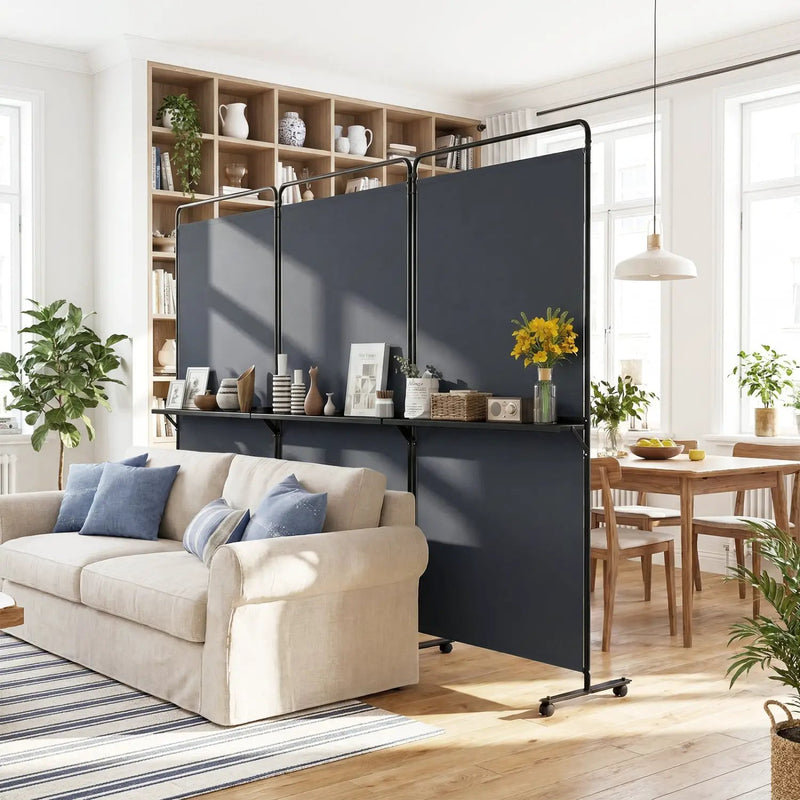 3-Panel Room Divider with Shelves 6 FT Tall Folding Privacy Screen with Lockable Wheels by DirectDeals