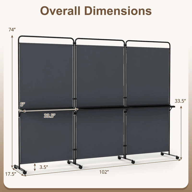 3-Panel Room Divider with Shelves 6 FT Tall Folding Privacy Screen with Lockable Wheels by DirectDeals
