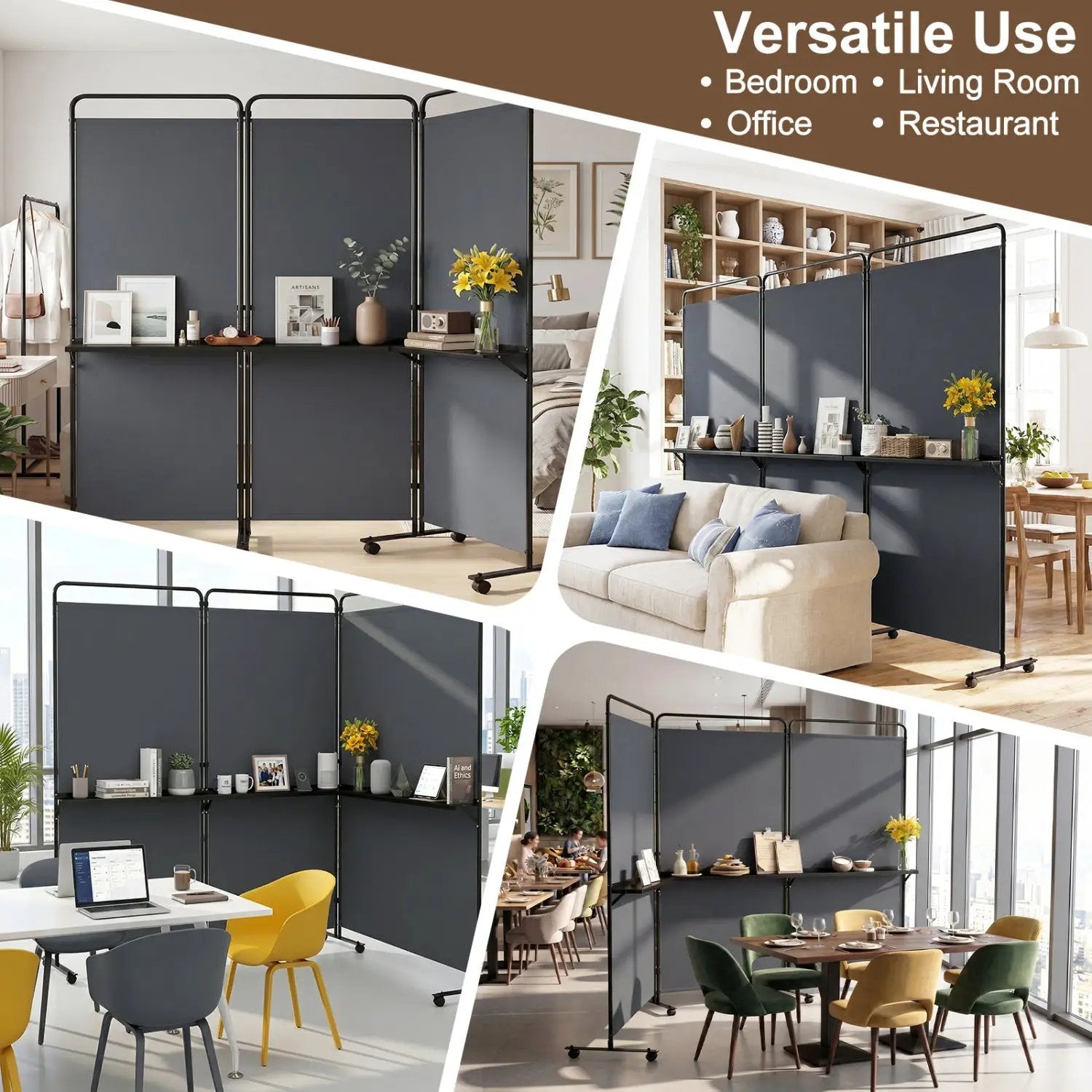 3-Panel Room Divider with Shelves 6 FT Tall Folding Privacy Screen with Lockable Wheels by DirectDeals