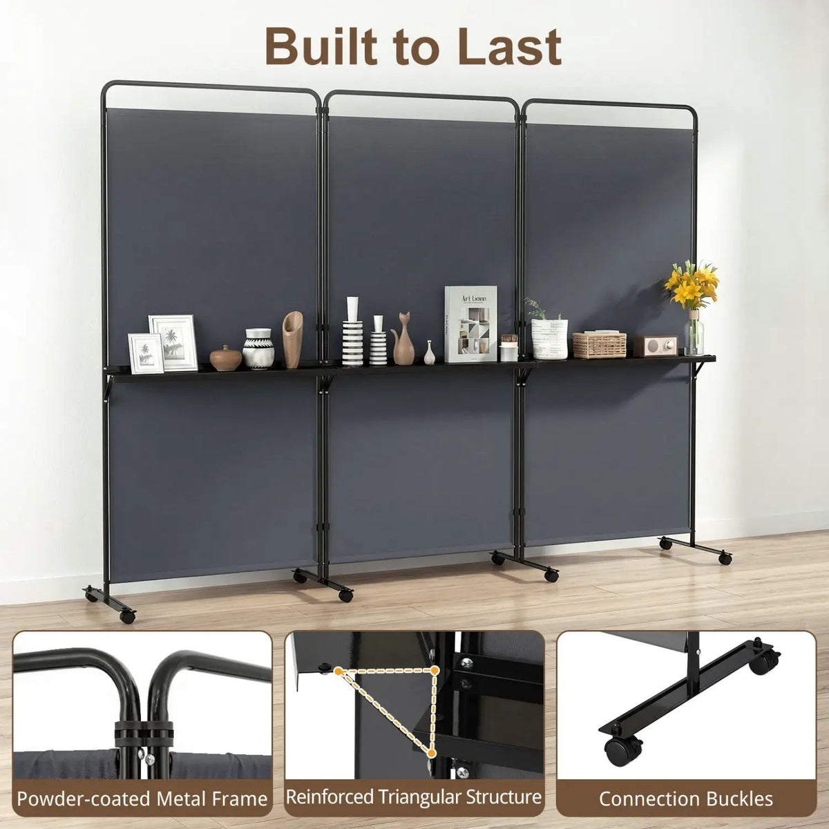 3-Panel Room Divider with Shelves 6 FT Tall Folding Privacy Screen with Lockable Wheels by DirectDeals