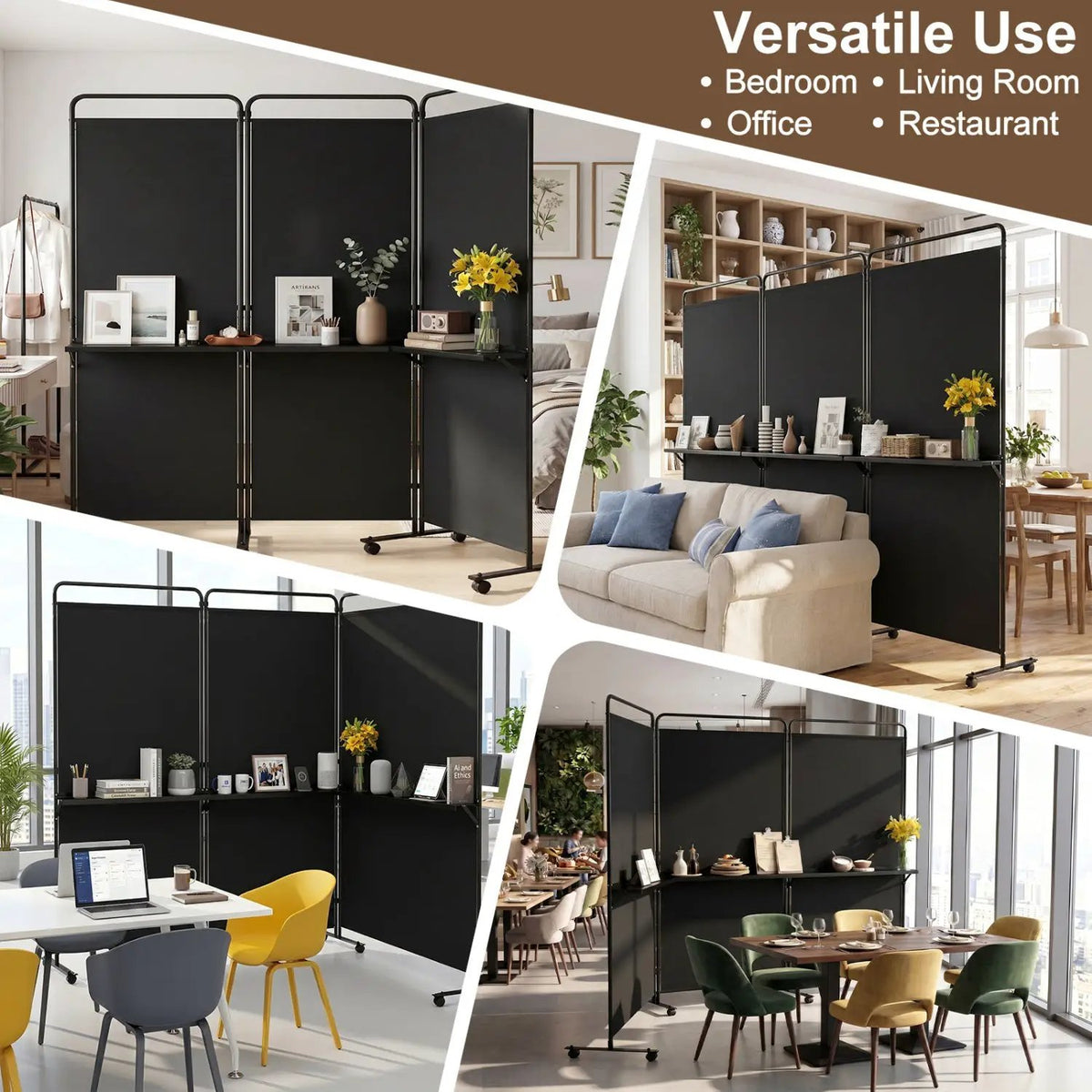 3-Panel Room Divider with Shelves 6 FT Tall Folding Privacy Screen with Lockable Wheels by DirectDeals