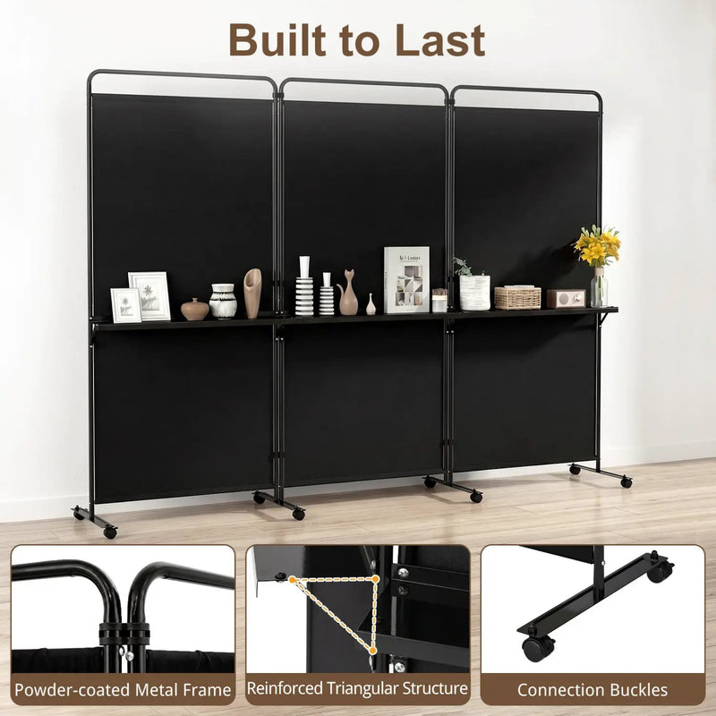 3-Panel Room Divider with Shelves 6 FT Tall Folding Privacy Screen with Lockable Wheels by DirectDeals