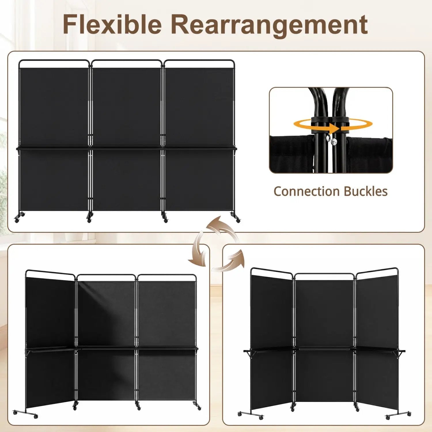 3-Panel Room Divider with Shelves 6 FT Tall Folding Privacy Screen with Lockable Wheels by DirectDeals