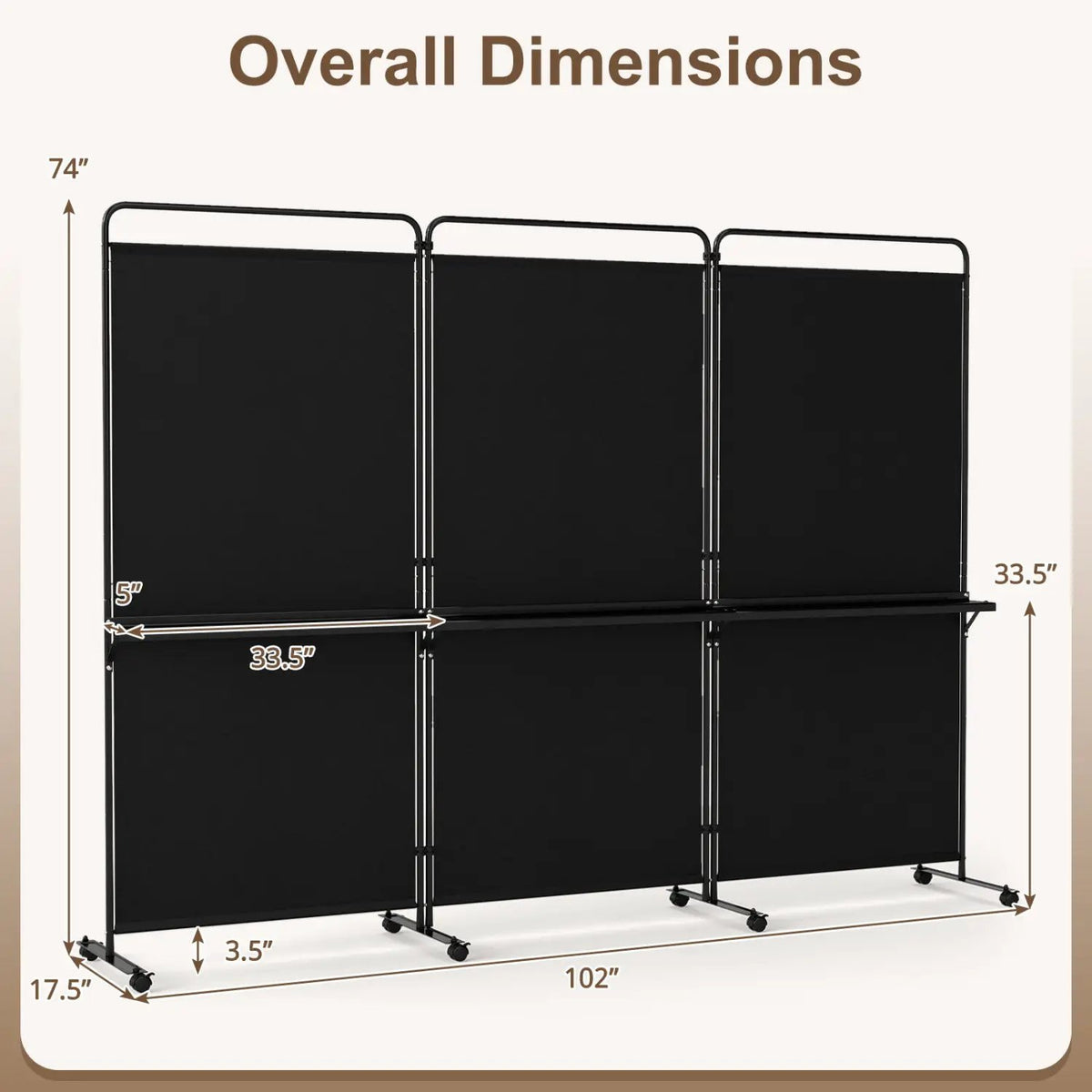 3-Panel Room Divider with Shelves 6 FT Tall Folding Privacy Screen with Lockable Wheels by DirectDeals