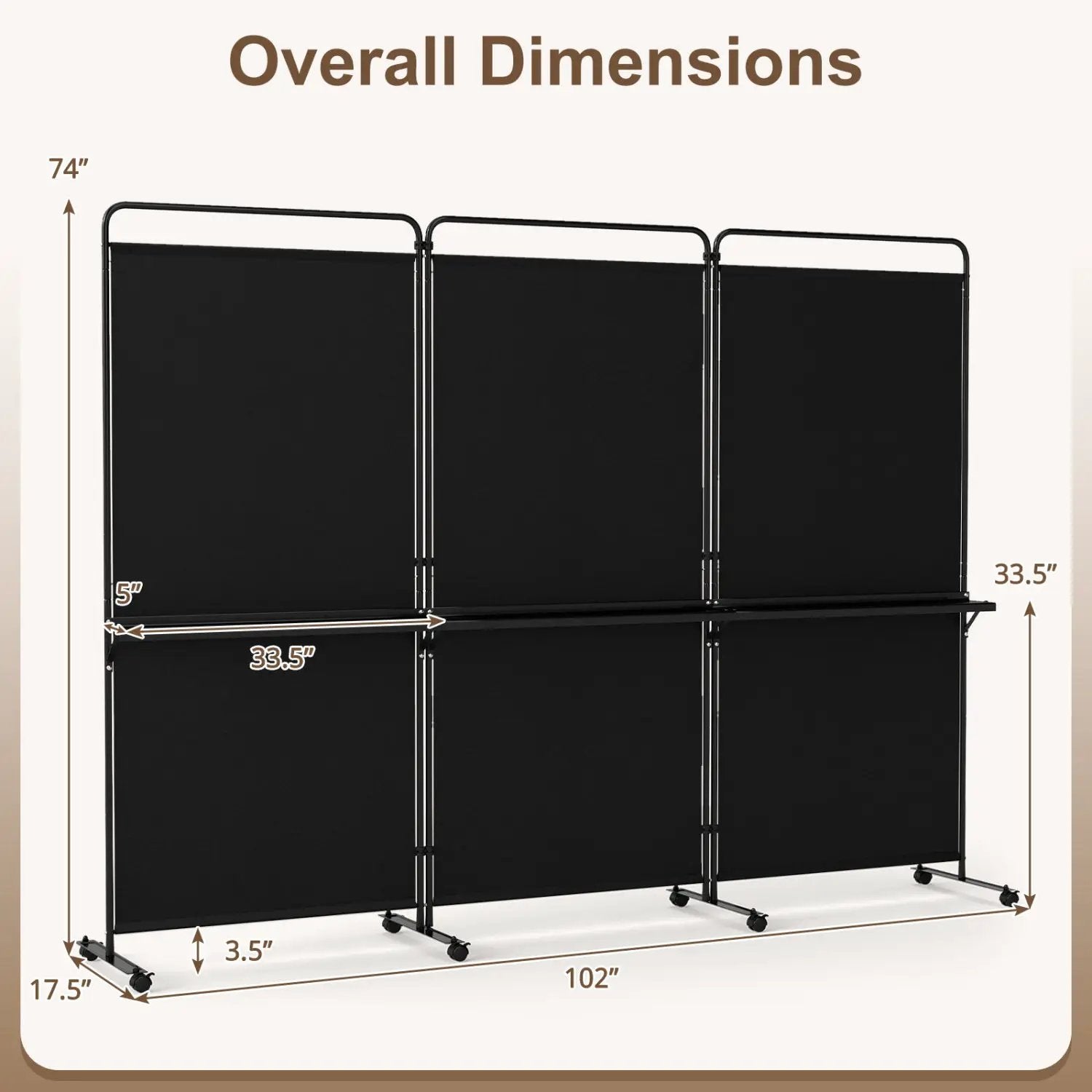 3-Panel Room Divider with Shelves 6 FT Tall Folding Privacy Screen with Lockable Wheels by DirectDeals
