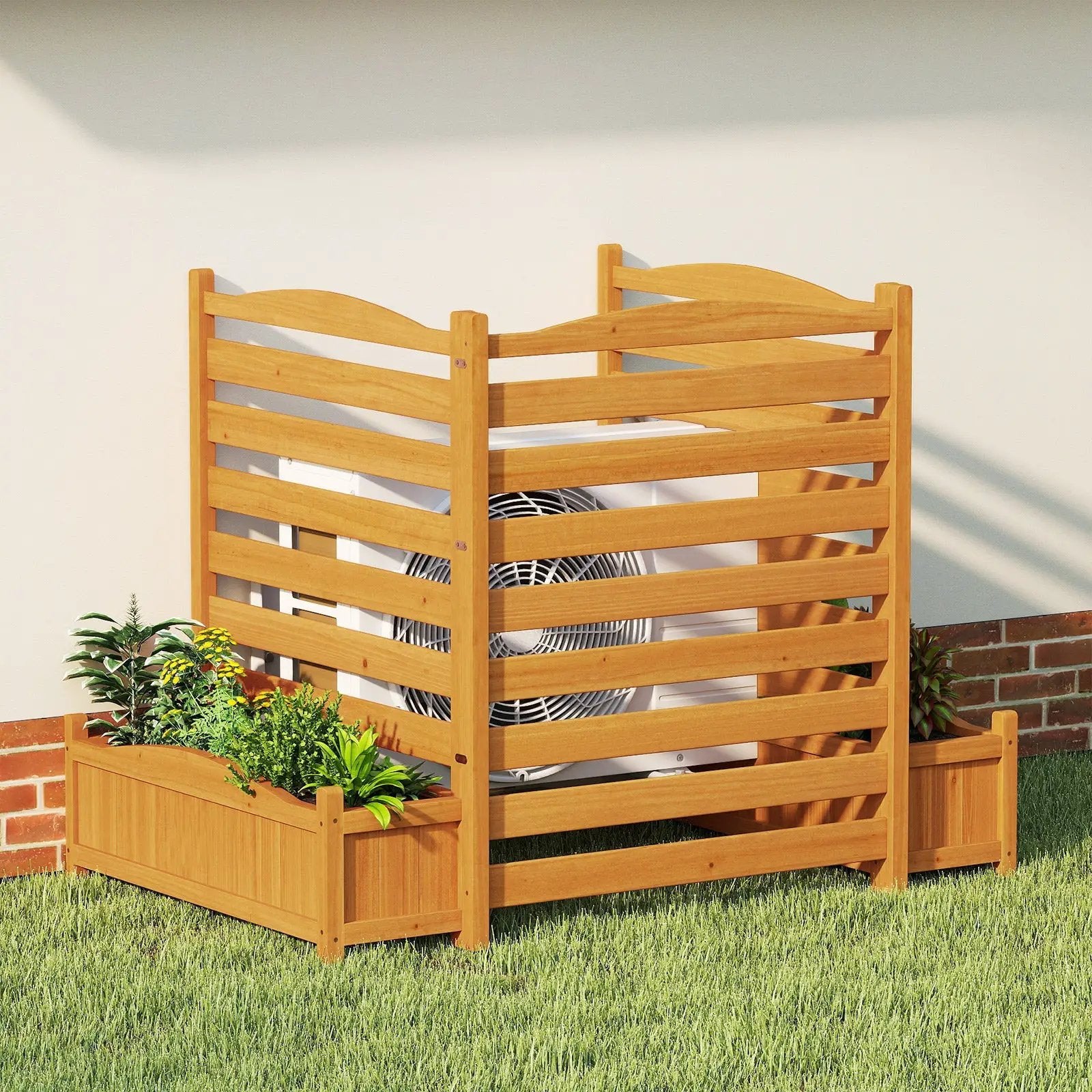 3-Panel Wood Air Conditioner Fence with Planter Box Freestanding Privacy Screen-Yellow by DirectDeals