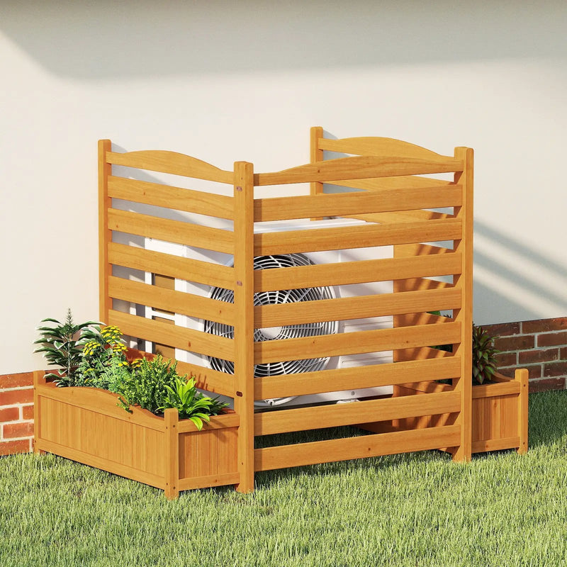 3-Panel Wood Air Conditioner Fence with Planter Box Freestanding Privacy Screen-Yellow by DirectDeals