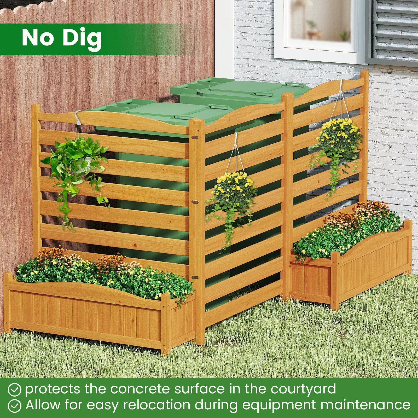 3-Panel Wood Air Conditioner Fence with Planter Box Freestanding Privacy Screen-Yellow by DirectDeals