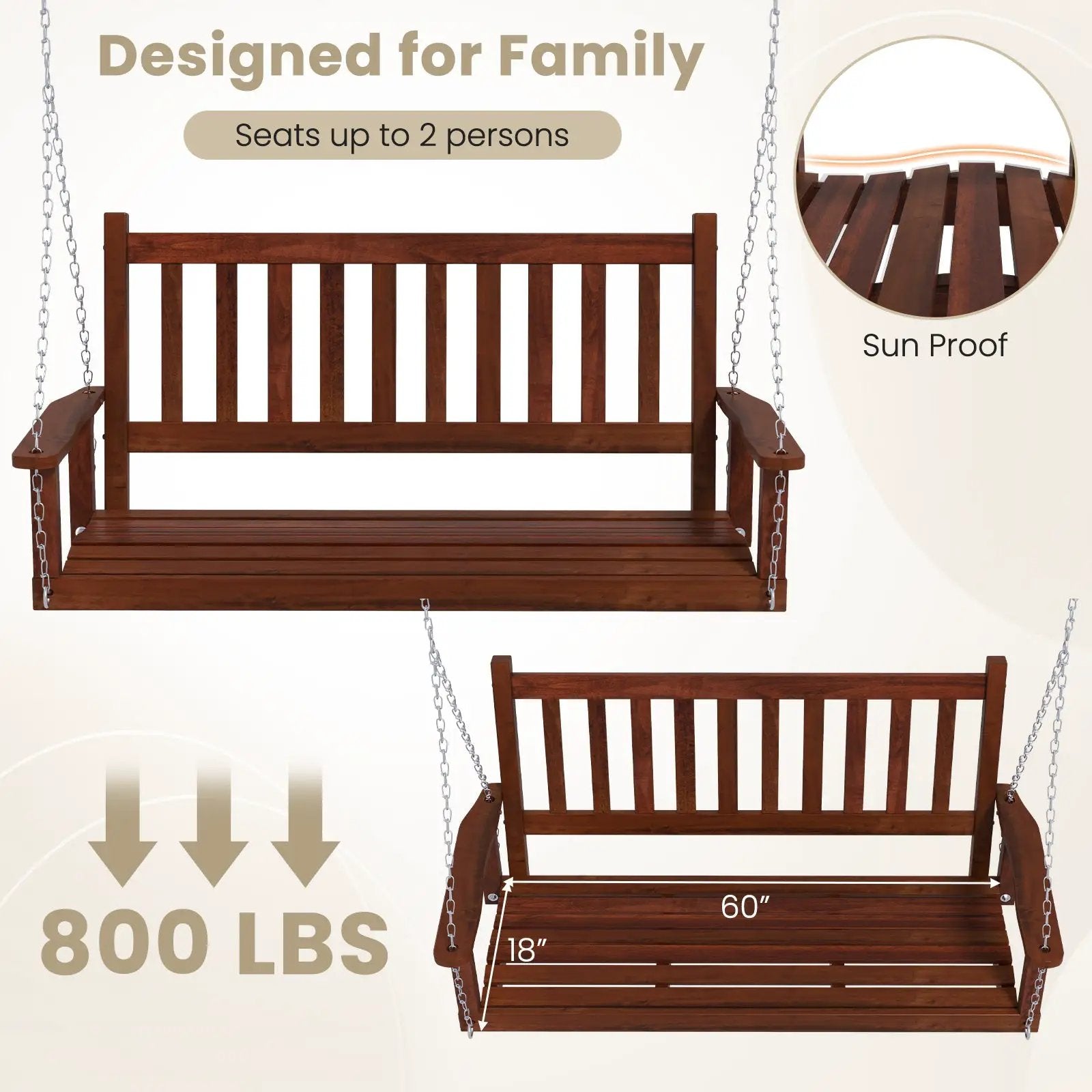 3-Person Wooden Outdoor Porch Swing with 800 lbs Weight Capacity by DirectDeals