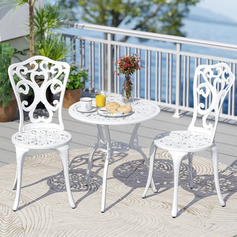 3 Piece All Weather Cast Aluminum Bistro Chairs and Table with Umbrella Holes-White by DirectDeals
