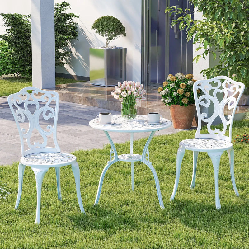 3 Piece All Weather Cast Aluminum Bistro Chairs and Table with Umbrella Holes-White by DirectDeals