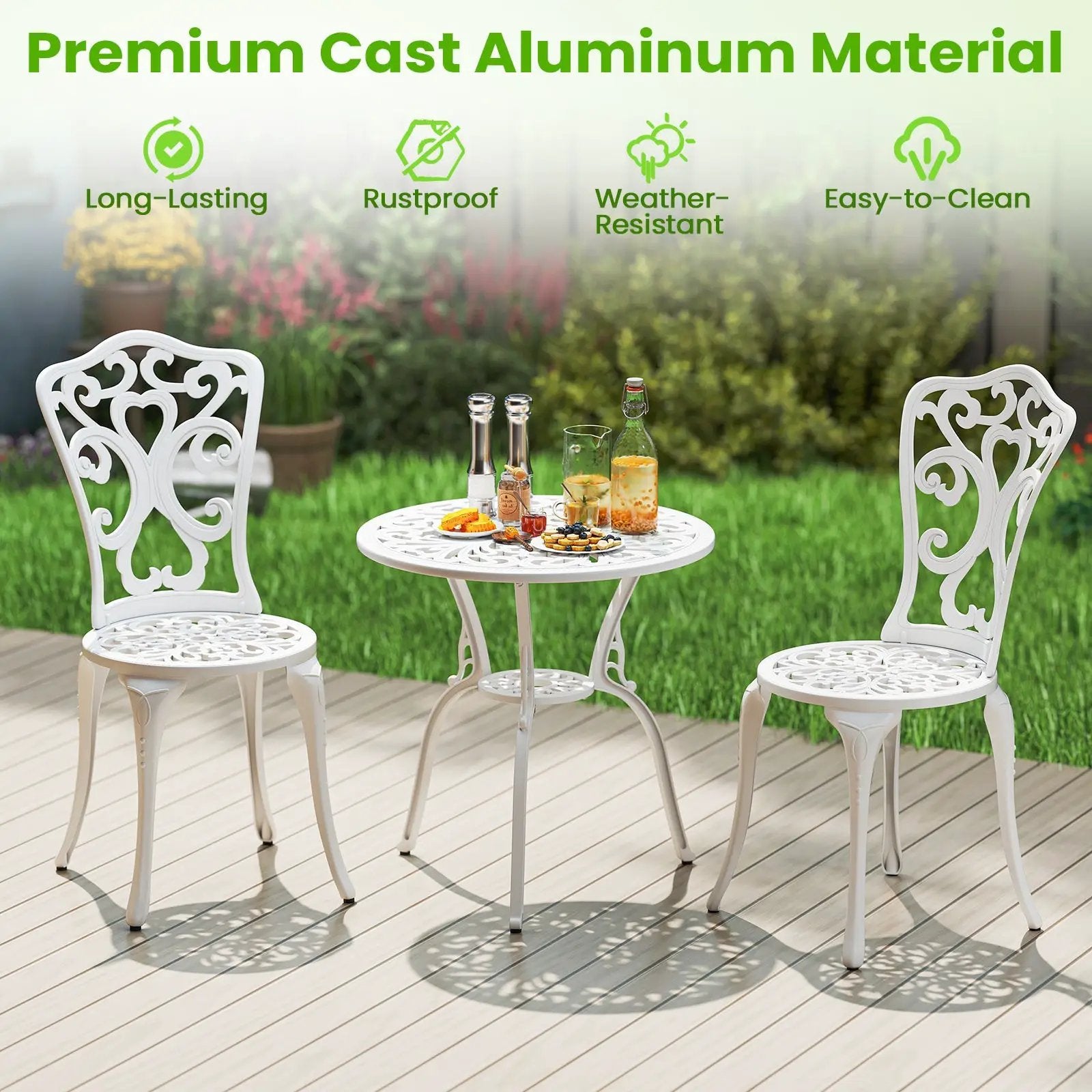 3 Piece All Weather Cast Aluminum Bistro Chairs and Table with Umbrella Holes-White by DirectDeals