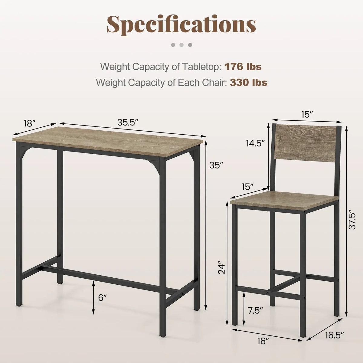 3 Piece Bar Table Set with Backrest and Footrest for Small Space by DirectDeals