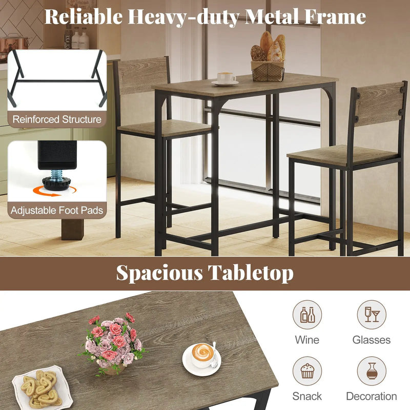 3 Piece Bar Table Set with Backrest and Footrest for Small Space by DirectDeals