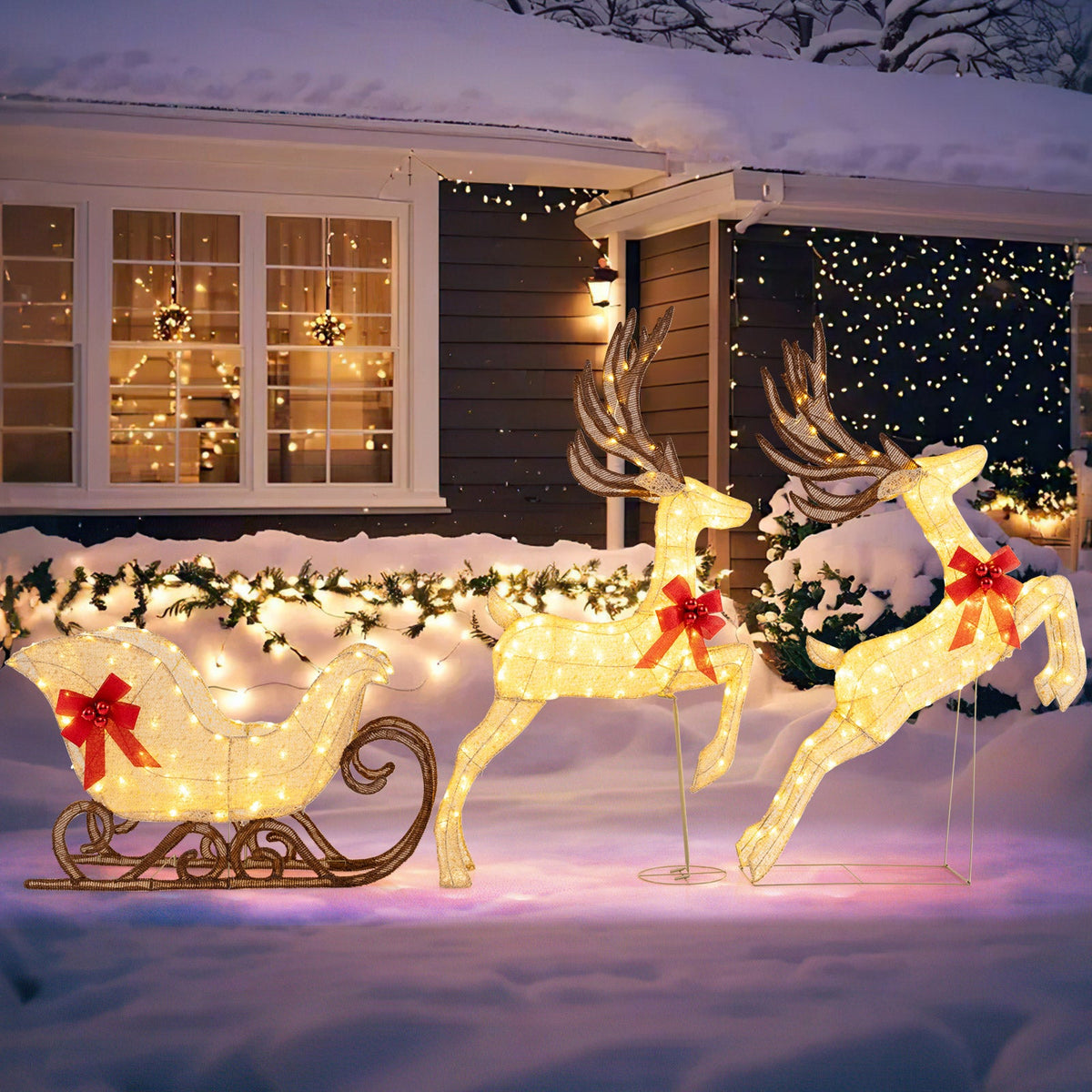3-Piece Christmas Lighted Reindeer and Sleigh Set for Lawn & Garden, photo 2 of 10