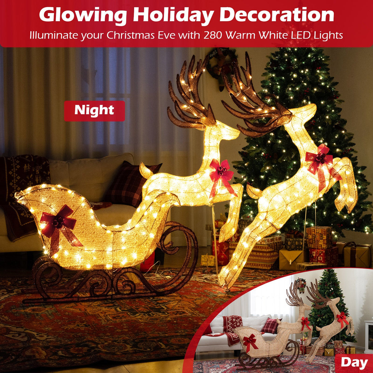 3-Piece Christmas Lighted Reindeer and Sleigh Set for Lawn & Garden, photo 7 of 10