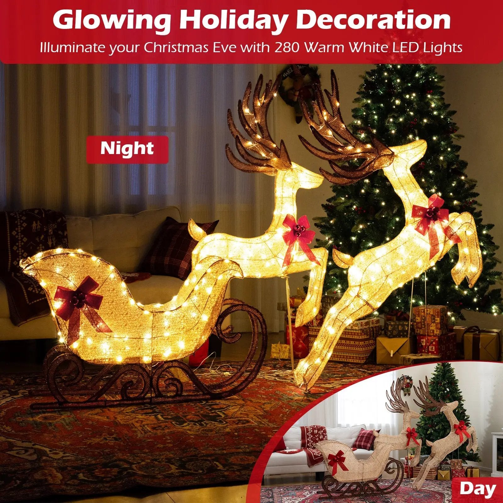3-Piece Christmas Lighted Reindeer and Sleigh Set for Lawn & Garden by DirectDeals