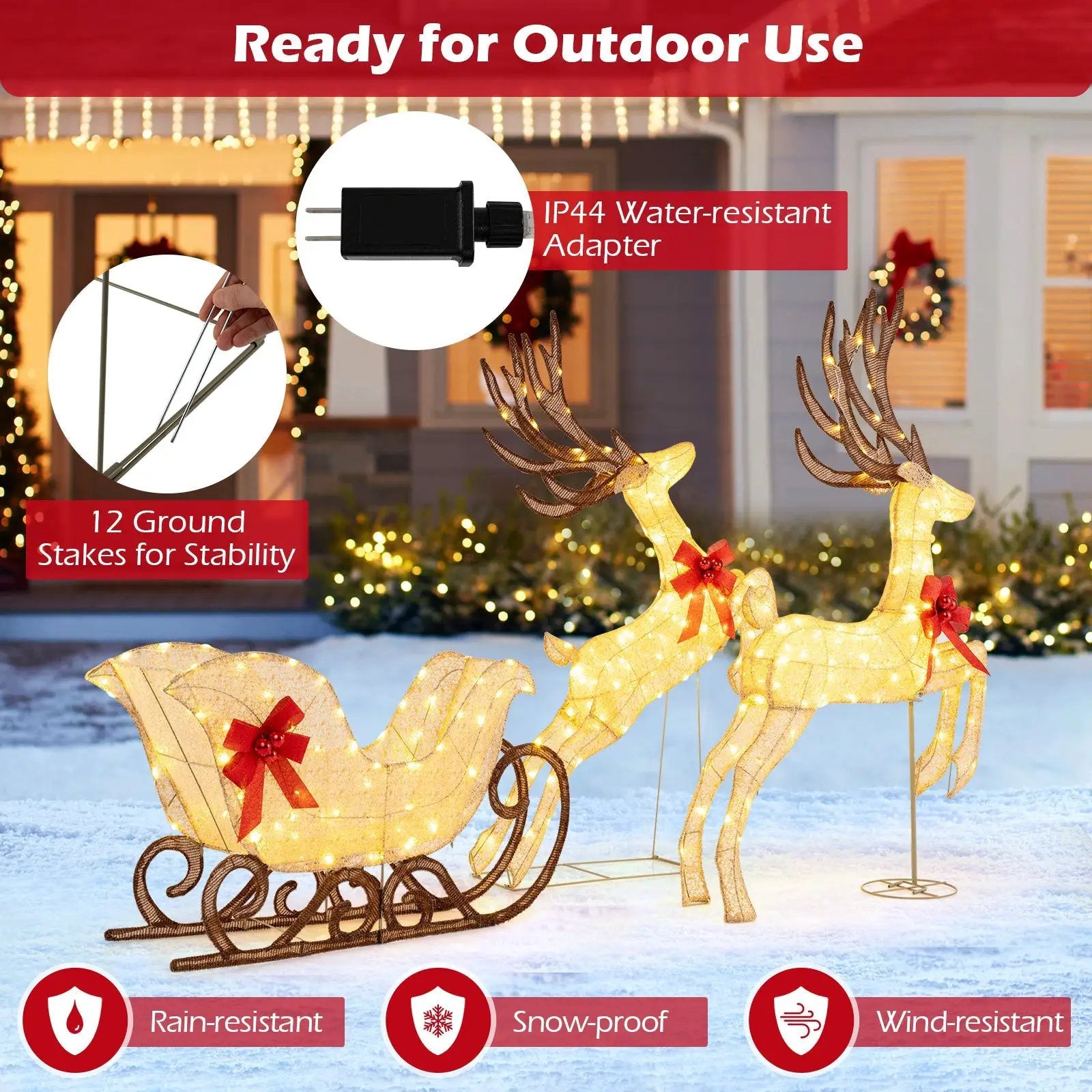 3-Piece Christmas Lighted Reindeer and Sleigh Set for Lawn & Garden by DirectDeals