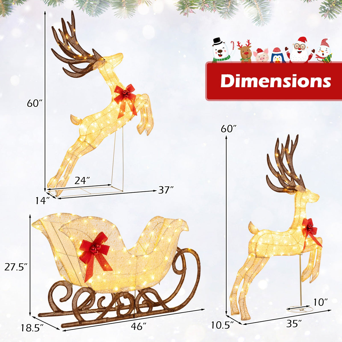 3-Piece Christmas Lighted Reindeer and Sleigh Set for Lawn & Garden, photo 4 of 10