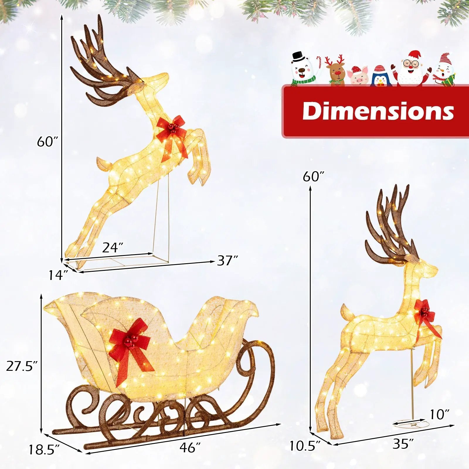 3-Piece Christmas Lighted Reindeer and Sleigh Set for Lawn & Garden by DirectDeals