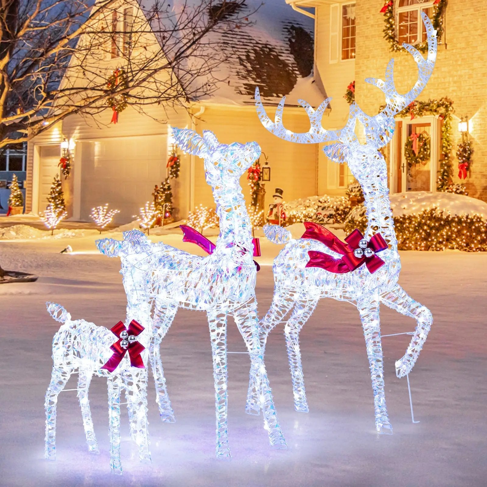 3-Piece Christmas Lighted Iridescent Reindeer Family Set with 215 Cold White LED Lights and Ground Stakes by DirectDeals