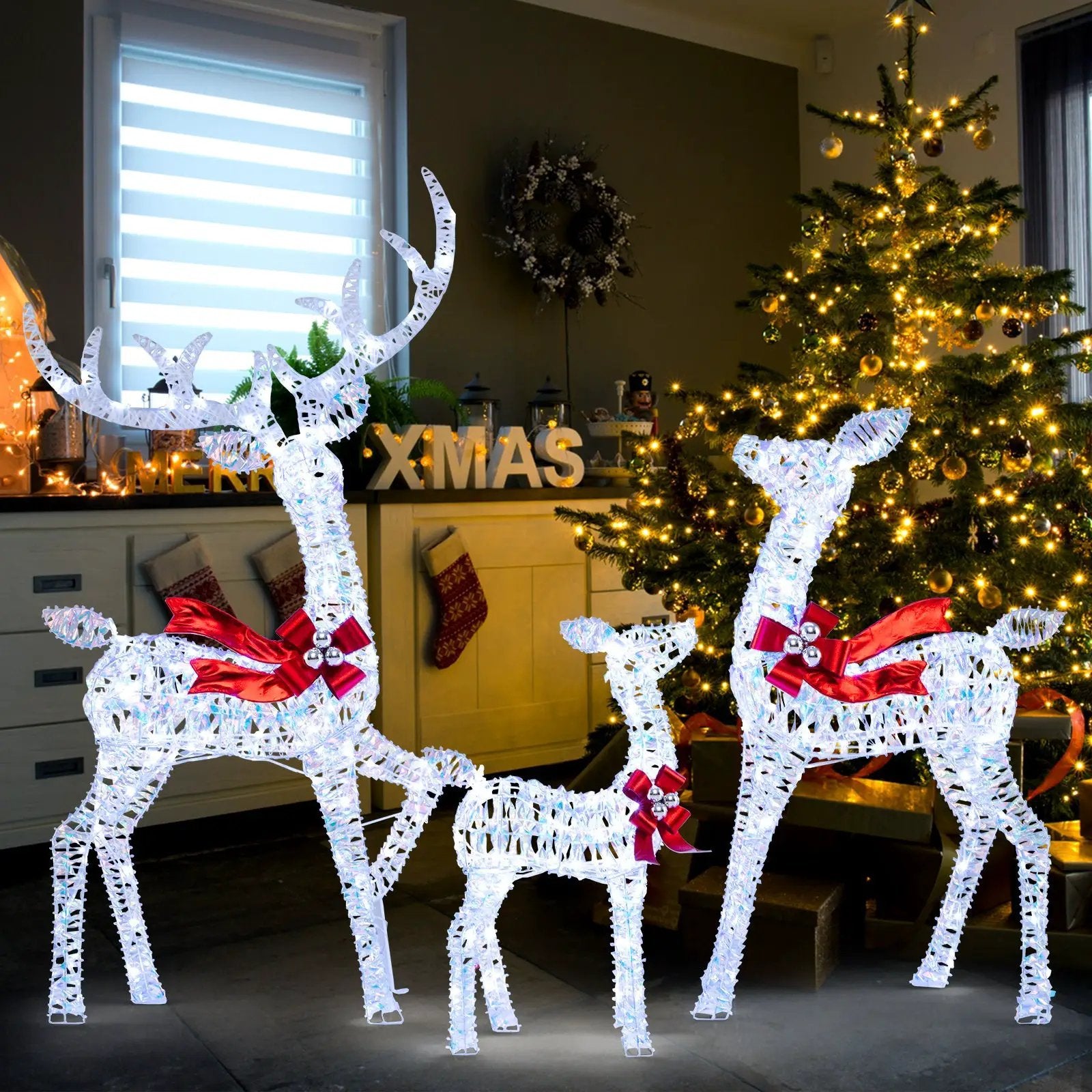 3-Piece Christmas Lighted Iridescent Reindeer Family Set with 215 Cold White LED Lights and Ground Stakes by DirectDeals