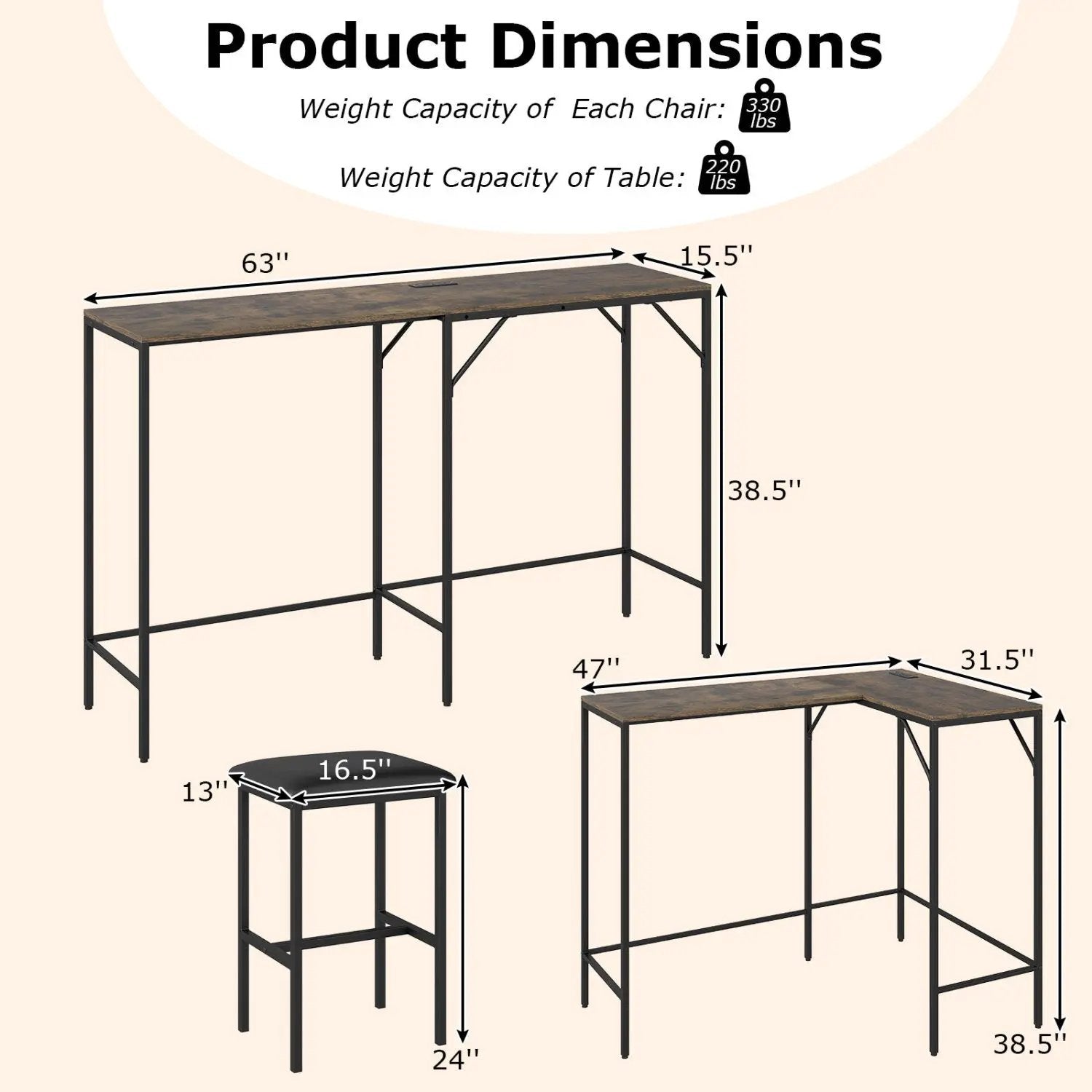 3-Piece Convertible Dining Set with Built-In Charging Station by DirectDeals