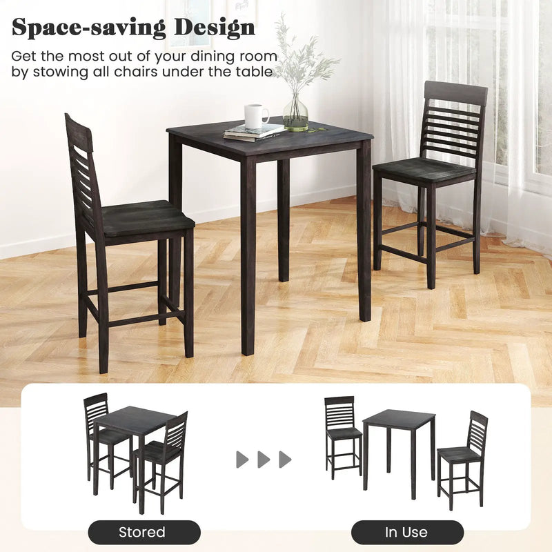3-Piece Counter-Height Dining Table Set for 2 with Rubber Wood Frame and Footrest by DirectDeals