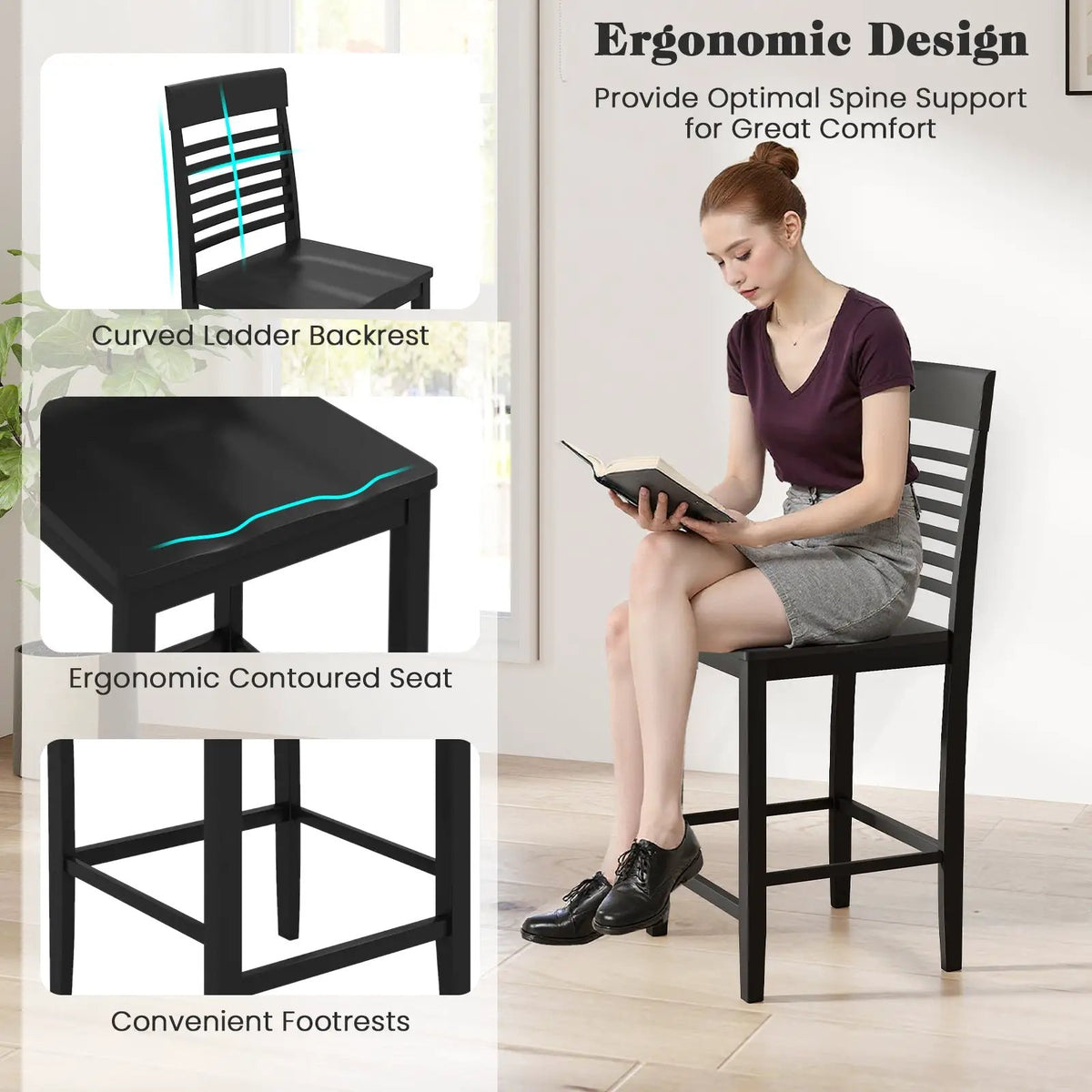 3-Piece Counter-Height Dining Table Set for 2 with Rubber Wood Frame and Footrest by DirectDeals