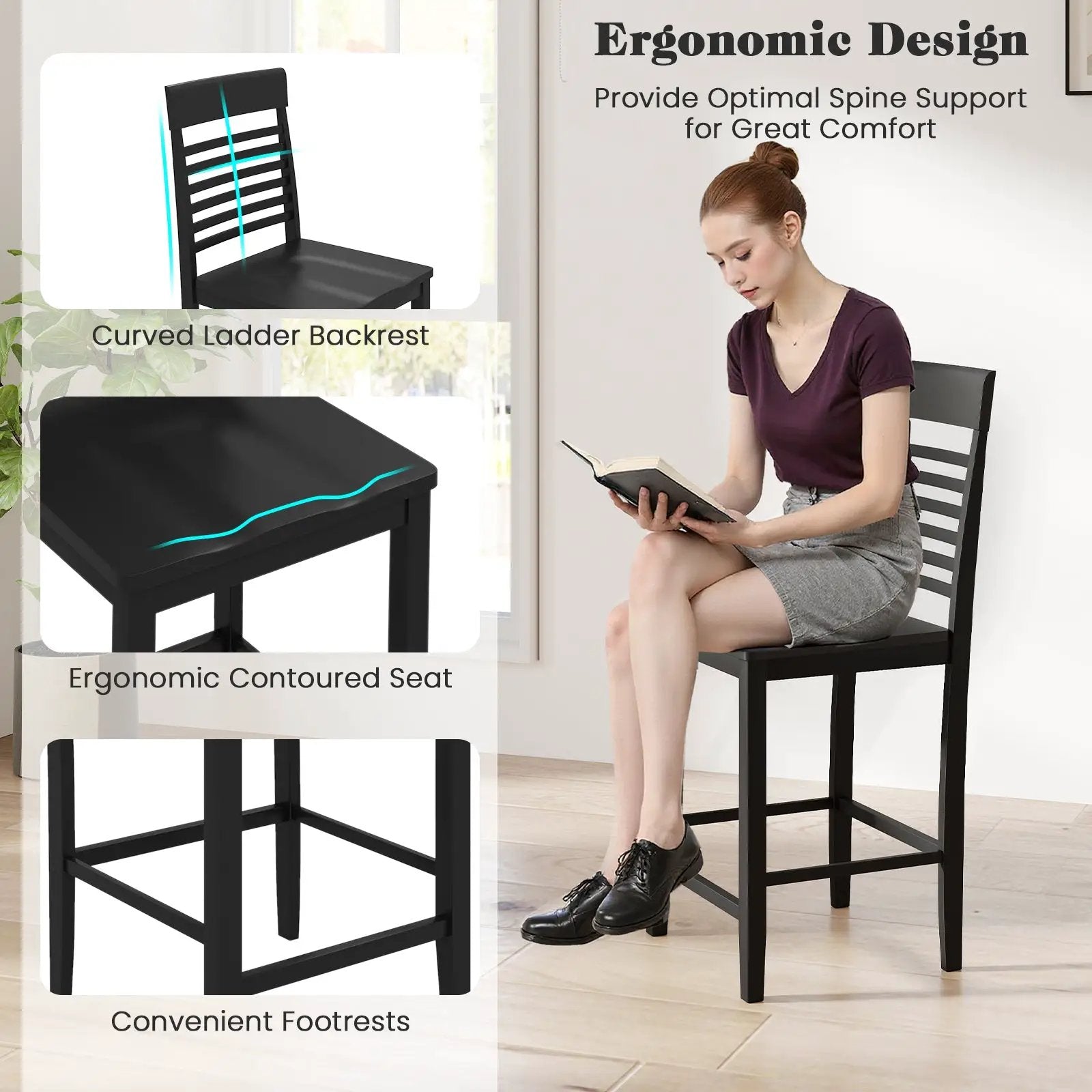 3-Piece Counter-Height Dining Table Set for 2 with Rubber Wood Frame and Footrest by DirectDeals