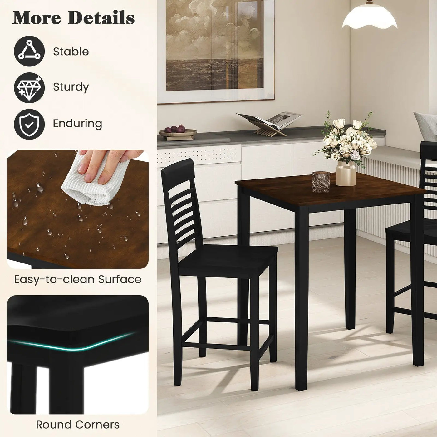 3-Piece Counter-Height Dining Table Set for 2 with Rubber Wood Frame and Footrest by DirectDeals