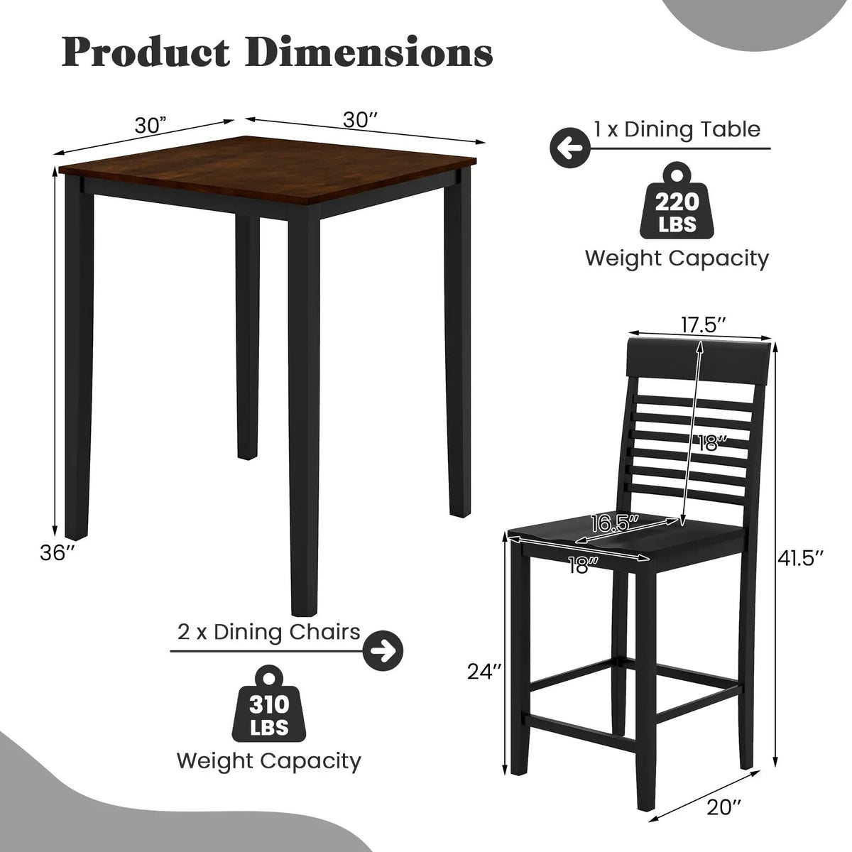 3-Piece Counter-Height Dining Table Set for 2 with Rubber Wood Frame and Footrest by DirectDeals